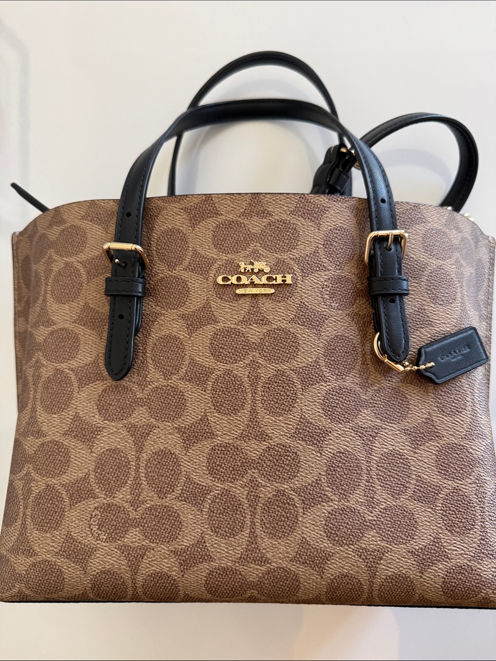 Coach Brown Signature Canvas Tote with Black Handles and Gold Hardware